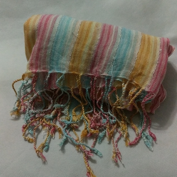 Pink, Yellow, Blue Stripe Woven Scarf with Fringe - Picture 4 of 4